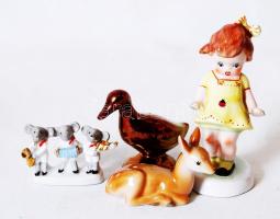 Porcelán tétel: Kislány apró mázhibával, kacsa, három egérke, őzgida, 2 db jelzett, hibátlanok