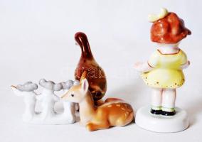Porcelán tétel: Kislány apró mázhibával, kacsa, három egérke, őzgida, 2 db jelzett, hibátlanok