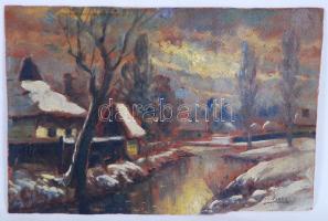 Husovszky jelzéssel: Hólepte falu. Olaj, karton, 22×32 cm