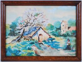 Réthy Gizella: Falu részlet. Akvarell, papír, jelzett, üvegezett keretben 28×37 cm