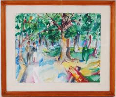 Thuróczy Zoltán (1935-): Ligetben. Akvarell, papír, jelzett. Üvegezett keretben 42×49 cm
