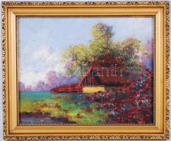 Olvashatatlan jelzéssel: Pajta. Olaj, karton, kisebb hibák a kartonon, keretben 26×32 cm