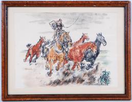 Olvashatatlan jelzéssel: Csikós. Színezett litográfia, papír, üvegezett keretben 28×36 cm