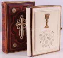 2db, magyar, ill. német nyelvű kapcsos imakönyv aranyozott lapszélekkel, csontberakással, bőr, ill. vászonkötésben