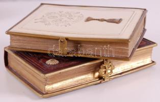 2db, magyar, ill. német nyelvű kapcsos imakönyv aranyozott lapszélekkel, csontberakással, bőr, ill. ...