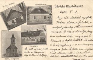 Mezőörs Nyáry üzlete, postahivatal, plébánia, katolikus templom
