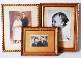 3 db régi üvegezett fa keret, fotókkal (2×)36×28 cm, 27×21 cm