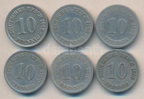 Német Birodalom 1876-1912. 10Pf (6x) klf T:2,2-,3 Germany - Empire 1876-1912. 10 Pfennig (6x) different years C:XF,VF,F