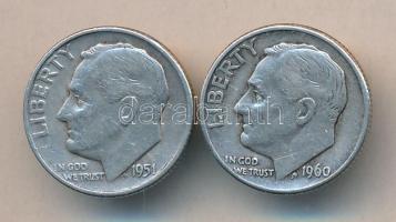 USA 1951. 1d Ag "Mercury" + 1960. 1d Ag "Mercury" T:2- USA 1951. 1 Dime Ag "Mercury" + 1960. 1 Dime Ag "Mercury" C:VF