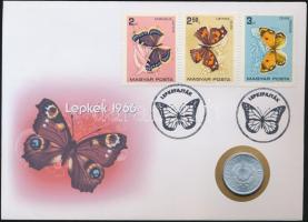 1966. 1Ft "Lepkék 1966" érmés bélyeges boríték alkalmi bélyegzővel és bélyegsorral T:1