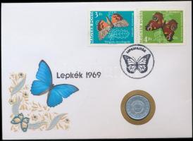 1969. 1Ft &quot;Lepkék 1969&quot; érmés bélyeges boríték alkalmi bélyegzővel és bélyegpárral T:2-