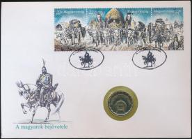 1989. 2Ft "A Magyarok bejövetele" érmés bélyeges boríték alkalmi bélyegzővel és bélyegsorral T:2