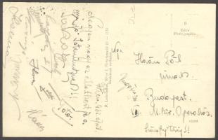 1932 Az FTC futballistáinak aláírása Bécsből hazaküldött képeslapon: Toldi, Takács, Cseh, stb.