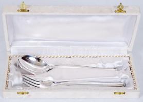 Ezüstözött alpakka gyermek étkészlet, villa és kanál, jelzett, eredeti dobozában