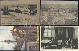 5 db régi, vegyes témájú képeslap, 4 városkép (Magas-Tátra, Pécs, Tihany, Fogaras), és egy oktató lap a fehérkörmű vércséről / 5 mixed postcards, 4 city cards (Magas-Tátra, Pécs, Tihany, Fogaras) and an educational card about the kestrel