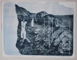 Pirk László (1953-): Horizontmetszet I. Litográfia, papír, jelzett, üvegezett keretben 35×43 cm