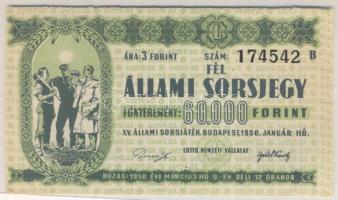 1950. "XV. Állami Sorsjáték" fél sorsjegy T:I-(két apró lyuk)