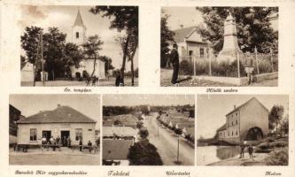 Takácsi Benedek Mór vegyeskereskedése, malom, Hősök szobra, evangélikus templom (Rb)