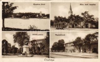 Orosháza vasútállomás, Gyopáros fürdő, római katolikus templom, Hősök szobra (EK)