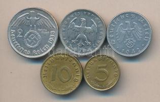 Német 3. Birodalom 1937-42. 5Pf, 10Pf, 50Pf, 1RM + 1938B 2M Ag "Hindenburg T:2,2-42. 5 Reichspf...