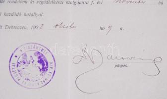 1922 Dr. Baltazár Dezső (1871-1936) református püspök, jogász aláírása hivatalos okmányon