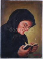 Ismeretlen jelzéssel: Ájtatos néni. Olaj, karton, 34x24cm