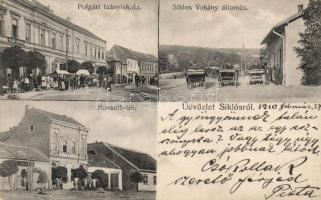 Siklós polgári leányiskola, Steinbach József üzlete, Takarékpénztár, Vokány állomás, Kossuth tér, Kohn üzlete (EK)