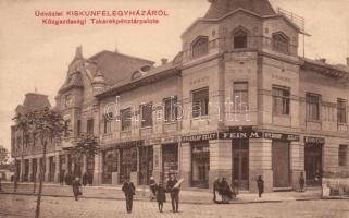 Kiskunfélegyháza Közgazdasági Takarékpénztár Palota, Fein M. női divatüzlete, Vesszősi József könyvnyomdája, Vámos Márton üzlete, bodega
