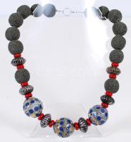 Nagyméretű lánc kézzel készített afgán szemekkel, vörös korallal, olajzöld lávakővel, fém gyöngyökkel és ezüst (Ag) szerelékkel / Large necklace with hand made Afghan beads, metal beads, red corals, green lava stone and silver accessories, 50cm