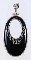 Ónix medál ezüst (Ag) foglalatban, ezüst díszítéssel /  Onyx pendant in silver frame, 6cm, 17,17gr