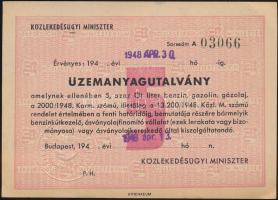 Budapest 1948. Közlekedésügyi Minisztérium Üzemanyagutalványa 5 liter benzin, gazolin, gázolaj beváltására T:I-