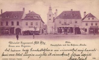 Fogaras main square, the shops of Tompos and Adrian Furga