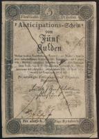 1813. 5G "Anticipations-Scheine" korabeli hamisítványa, áthúzással érvénytelenítve T:III (javítva) Austrian Empire 1813. 5 Gulden "Anticipations-Scheine" old fake banknote with cancellation C:F (repaired)