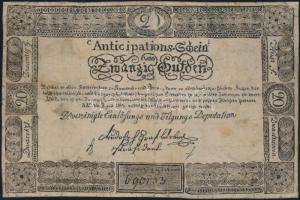 1813. 20G "Anticipations-Scheine" korabeli hamisítványa! T:III (javítva) Austrian Empire 1813. 20 Gulden "Anticipations-Scheine" old fake banknote! C:F (repaired)
