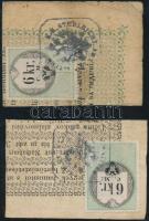 1848. 6Kr. C.M. pecsételt okmánybélyeg 1Ft + 2Ft Kossuth bankó kivágáson T:III