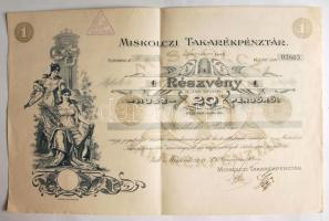 Miskolc 1926. "Miskolczi Takarékpénztár" részvénye 20P-ről szelvényekkel T:kétszer hajtott