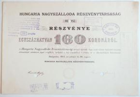 Budapest 1911. "Hungaria Nagyszálloda Részvénytársaság" részvénye 160K-ról "Selejtezve" pecsétel