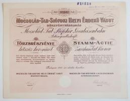 Budapest 1906. "Mocsolád-Tab-Siófoki Helyi Érdekű Vasút Rt." Törzsrészvénye 200K-ról szelvényekkel és szárazpecséttel magyar/német nyelven