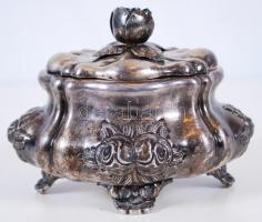 1937-1967 Rózsákkal díszített ezüst (Ag) cukortartó 800-as "dianás" jelzéssel és KA mesterjeggyel ellátva /  Silver sugar bowl decorated with roses, with 800 fineness Hungarian "Dianakopf" hallmark and maker's mark, 15x12x11cm, 316gr