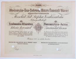 Budapest 1906. "Mocsolád-Tab-Siófoki Helyi Érdekű Vasút Rt." Elsőbbségi részvénye 200K-ról szelvényekkel és szárazpecséttel magyar/német nyelven, lyukasztva T:kis betépődés