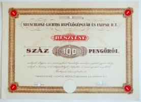Budapest 1930. "Neuschlosz-Lichtig Repülőgépgyár és Faipari R.T." részvénye 100P-ről lyukasztással T:hajtatlan, kis szakadás