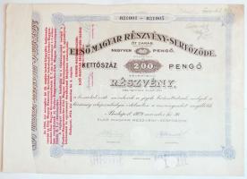 Budapest 1929. "Első Magyar Részvény-Serfőzde" részvénye 200P-ről "Dreher-Hagenmacher" felülbélyegzéssel és "Selejtezve" pecséttel T:hajtatlan, foltos