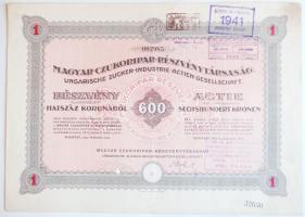 Budapest 1923. "Magyar Czukoripar-Részvénytársaság" részvénye 600K-ról szelvényekkel T:hajtott, foltos