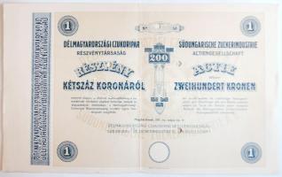 Nagybecskerek 1911. "Délmagyarországi Czukoripar-Részvénytársaság" részvénye 600K-ról szelvényekkel T:egyszer hajtott