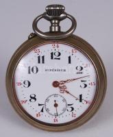 cca 1900 Supérieur zsebóra duplasoros, hibátlan porcelán számlappal, másodpercmutatóval, hátlapján kerékpározó hölgy szecessziós, domborműves portréja, jól jár /  Supérieur pocket watch with flawless porcelain dial with an art nouveau portrait of lady on bicycle on the back case, works well