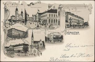 1899 Debrecen Nagytemplom, Református Kollégium, Iparbank palota, református templom, színház, Városháza, Piac utca, litho