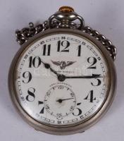 cca 1900 Tavannes svájci vasutas zsebóra porcelán számlappal, másodpercmutatóval, lánccal, működik (számlapon repedések) /  Tavannes railwayman's pocket watch with porcelain double dial, chain, works well (faults on dial)