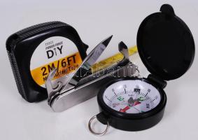 Mérőszalag, iránytű és egy multifunkciós zsebkés /  Tape line, compass and a multifunction pocket knife