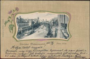 Debrecen Piac utca, villamos, litho (Rb)
