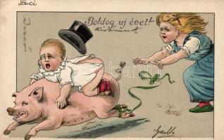 New Year pig, bizarre, Emb. litho